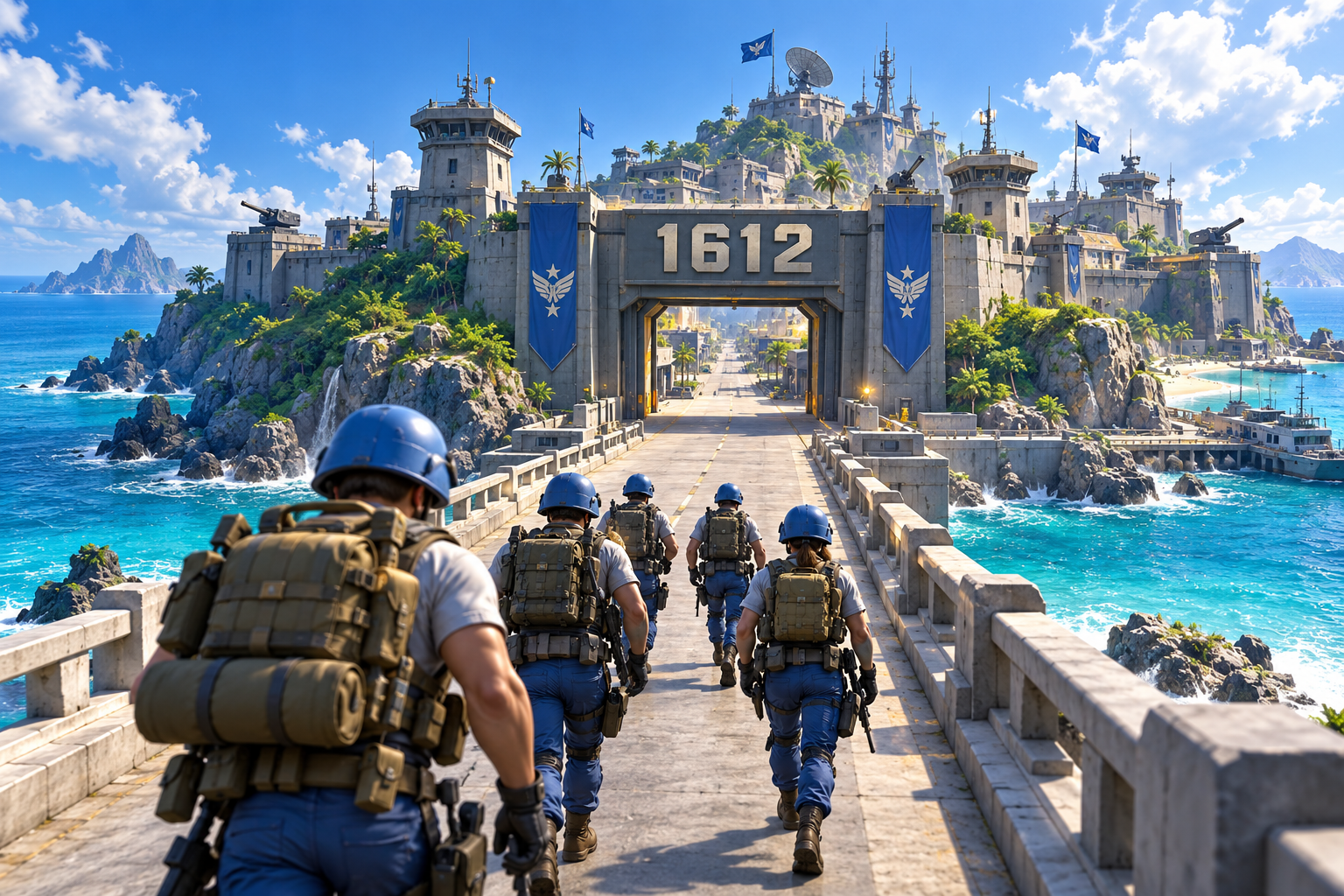 Eine Truppe mit blauen Helmen überquert eine Brücke zur befestigten Inselbasis mit dem Tor 1612.
